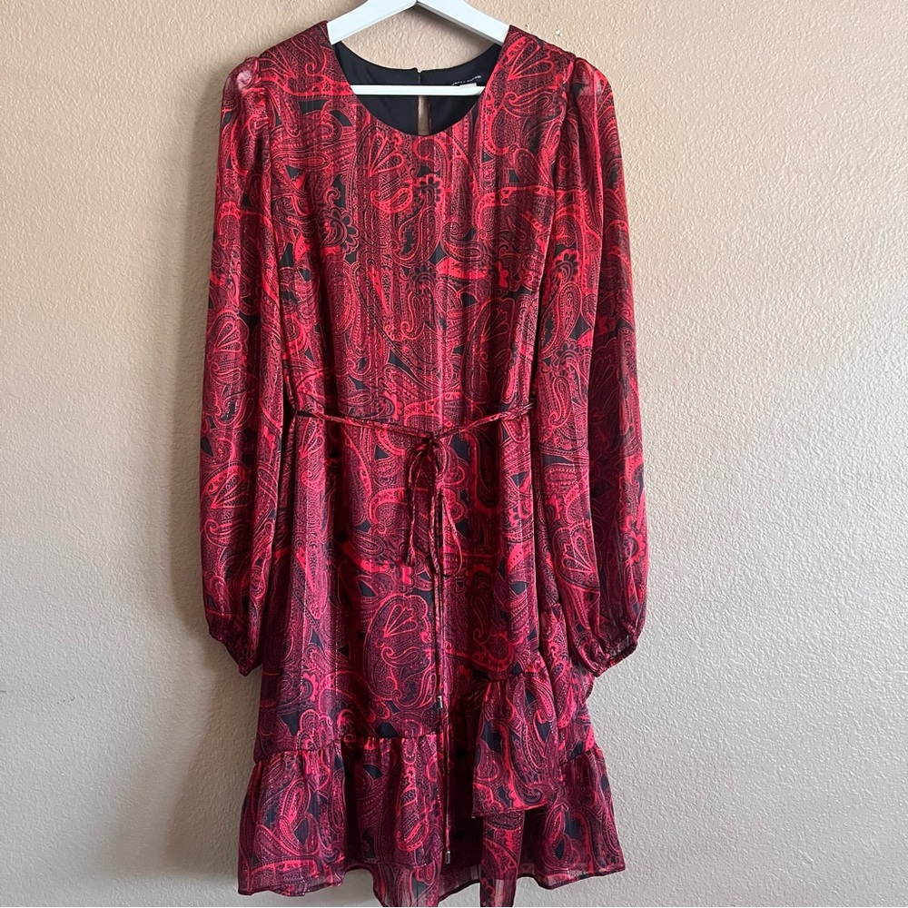Tommy Hilfiger Paisley Chiffon Belted Long Sleeve Dress in Red Shimmer Size 14 - Picture 2 of 9